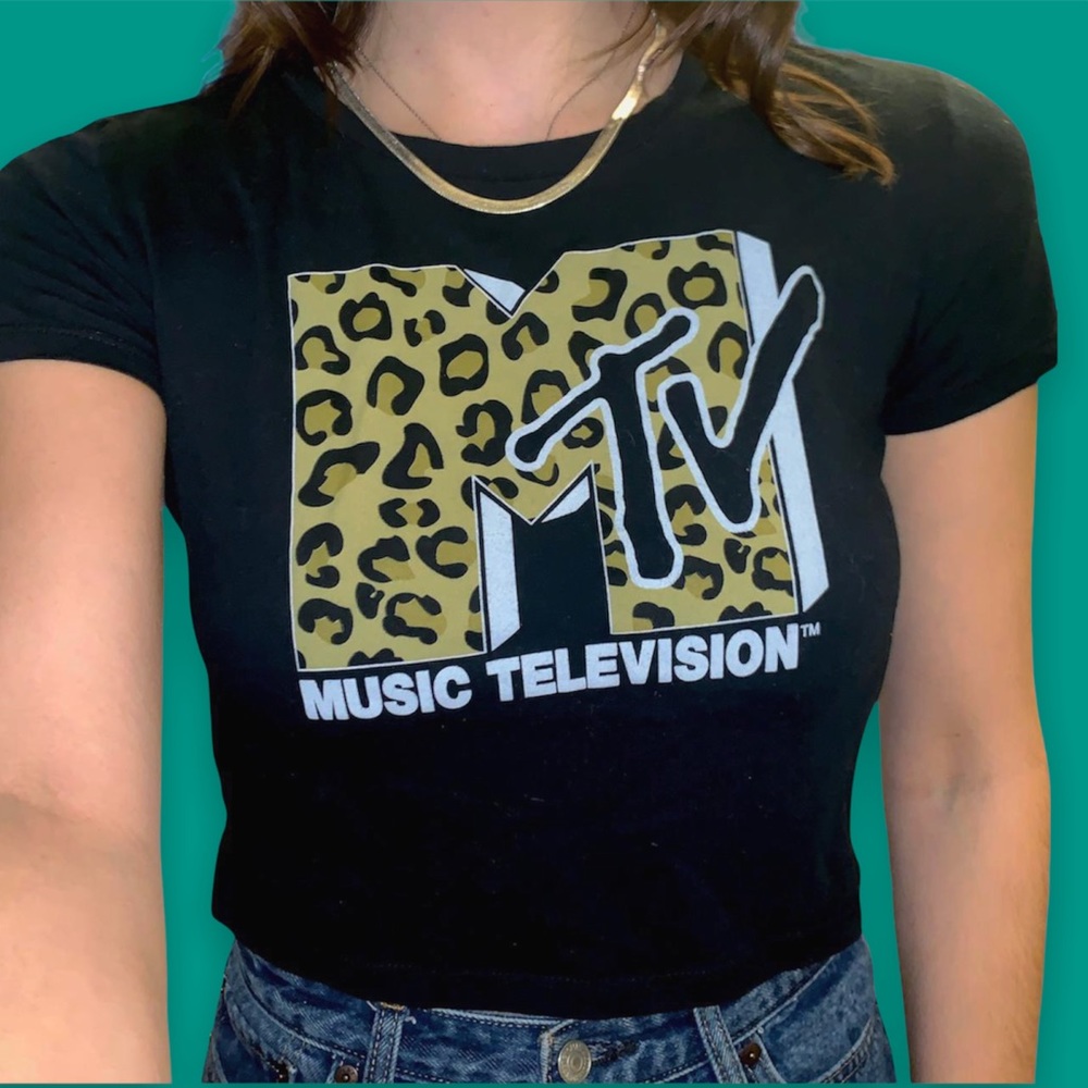 MTV Black Cheetah Leopard Print Crop Top T-Shirt